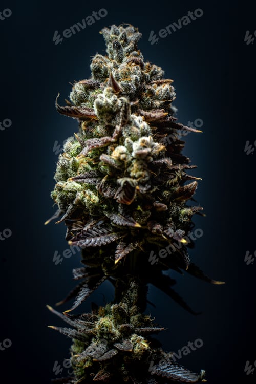 Preview: Vertical of a Cannabis sativa plant on a blue background, close up - concept of medicine