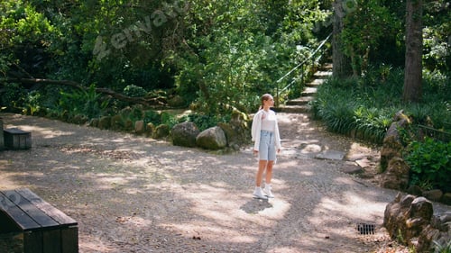 Preview: Peaceful tourist enjoy green beautiful forest trees standing recreation place.