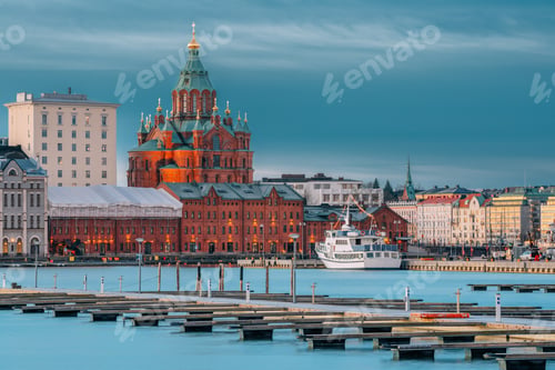 Preview: Helsinki, Finland. Kanavaranta Street With Uspenski Cathedral In Winter Morning
