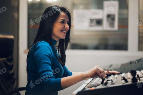 Preview: Middle aged woman using equipment in control room on a tv station