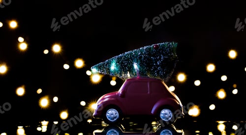 Preview: Red car with Christmas tree. Holiday background for greetings.