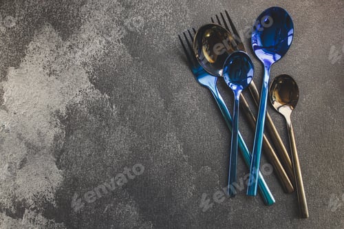 Preview: Cutlery Rustic, Used For Eating Or Serving (Fork, Knife, Spoon, Plate - Set). Food Background. Copy
