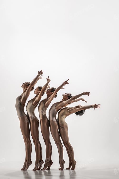 Preview: The group of modern ballet dancers. Contemporary art ballet. Young flexible athletic men and women