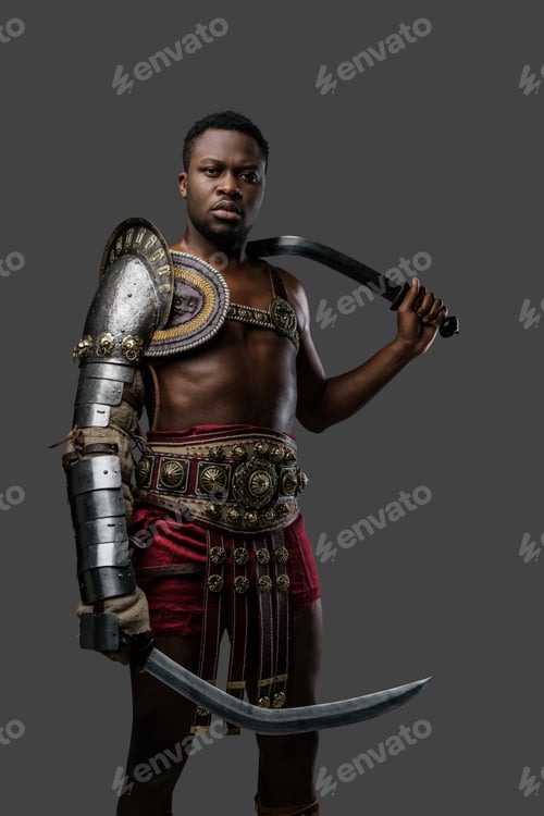 Preview: Black gladiator dressed in armor wielding dual swords