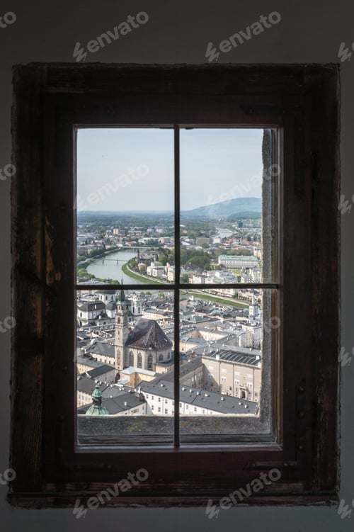 Preview: Framed view of the city of Salzburg from Hohensalzburg Castle.