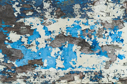 Preview: close up texture background of blue and cream peeling paint on a wooden surface