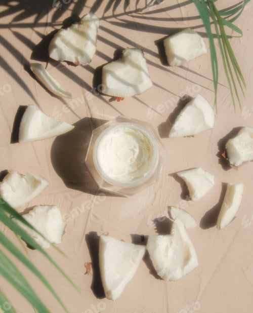 Preview: coconut and cream in jar with palm leaves on a table. Top view