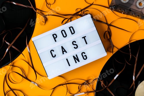 Preview: Podcasting lettering and vinyl record audio cassette tape album in minimalistic style on yellow back