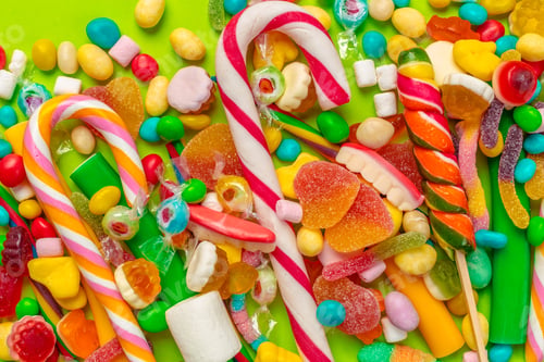 Preview: Colorful candies on green background