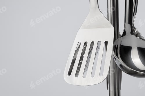 Preview: Aluminum holder with set of kitchen utensils on white background