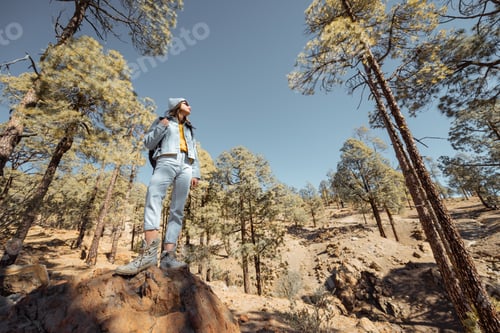 Preview: Woman hiking in the forest highly in the mountains on a volcanic rocks
