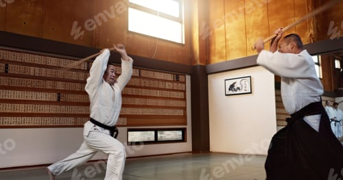 Preview: Motion, fight and dojo with sensei for aikido training, fitness and development with wooden sword e