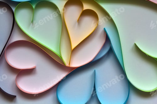 Preview: Valentine's day abstract background with cut paper colorful hearts on white