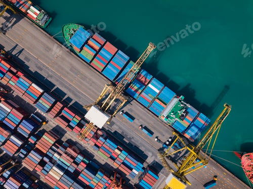 Preview: Aerial view of busy container terminal and cargo cranes