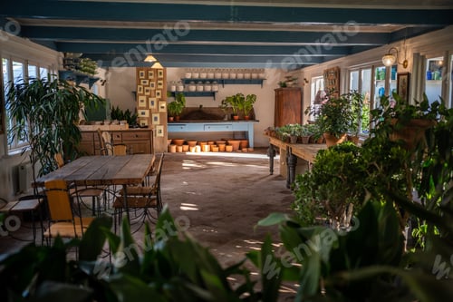 Preview: Cozy interior of flower shop with large windows selling decorative plants, palm trees, succulents