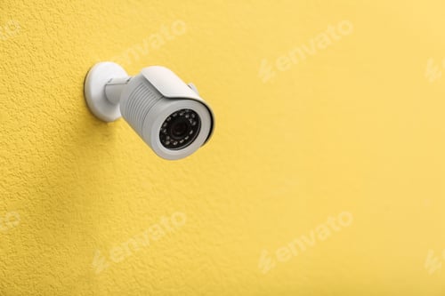 Preview: Modern CCTV security camera on yellow wall. Space for text