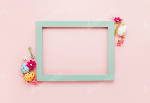 Preview: Easter holiday mockup background. Top view from above to Easter eggs with frame