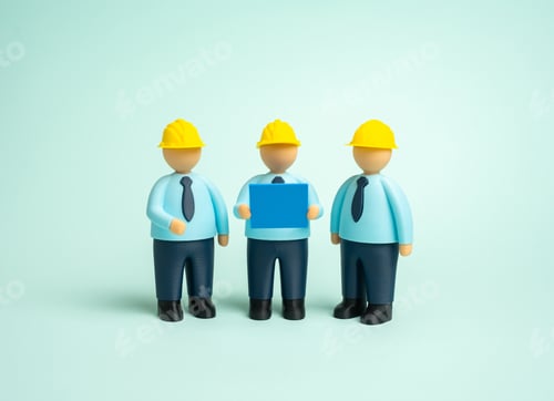 Preview: Builders in hard hats and with blue prints. Designers, builders and engineers