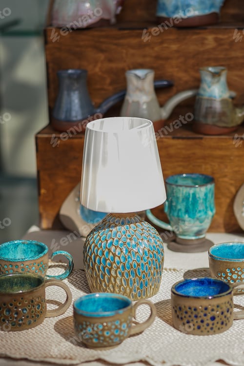 Handcrafted Ceramic Lamp and Cups Home Display