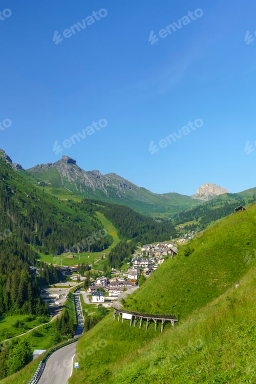 Preview: Mountain landscape along the road to Campolongo pass, Dolomites