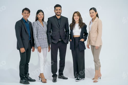 Preview: Portrait group of business man and woman stand with confidence action also look at camera with smile