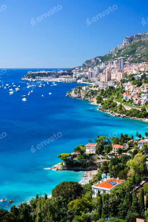 Preview: Elevated view of coastline from Roquebrune to Monaco, France