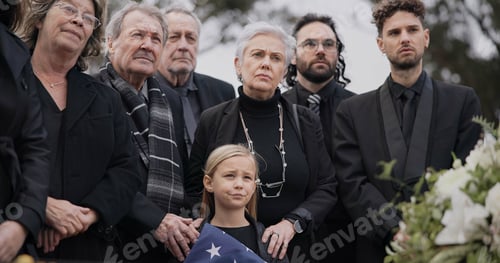Preview: Funeral, cemetery and family with American flag for veteran for respect, ceremony and memorial serv