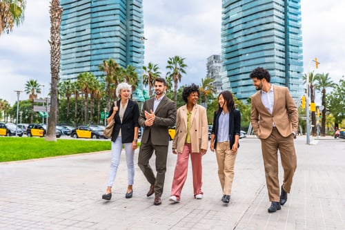 Preview: Multi-ethnic group of business people walking talking along the city