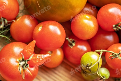 Preview: Ripe vegetables with herbs on a wooden background.Harvest from the garden