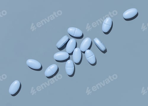 Preview: Blue medical pills on blue top view, hard light. Pharmaceutical products for healthcare