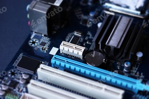 Preview: Computer motherboard closeup in tilt shift style