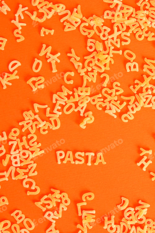 Preview: Pasta Alphabet (Set Of Ingredients, Raw Pasta) Serving Second Course. Top Food Background. Copy