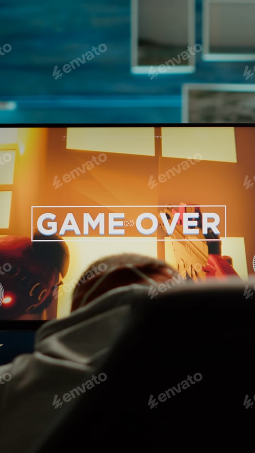 Preview: Sad professional eSports gamer losing shooter mock-up video game