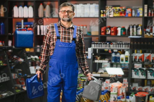 Preview: Salesman holding engine oil bottles in auto parts store