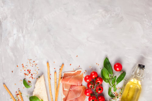 Preview: Bunch of fresh basil, tomatoes, parmesan cheese, garlic and olive oil
