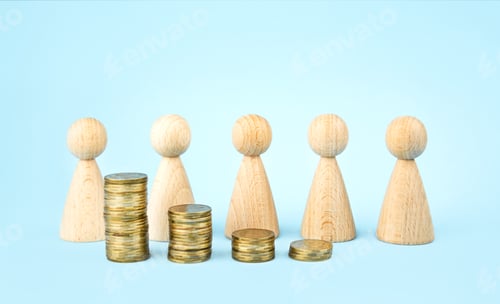 Preview: Business concept. Wooden figures of people stand around coins on a blue background.Earning money.