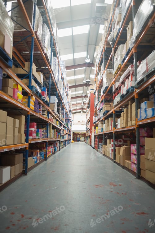 Preview: Rows of shelves with boxes in warehouse