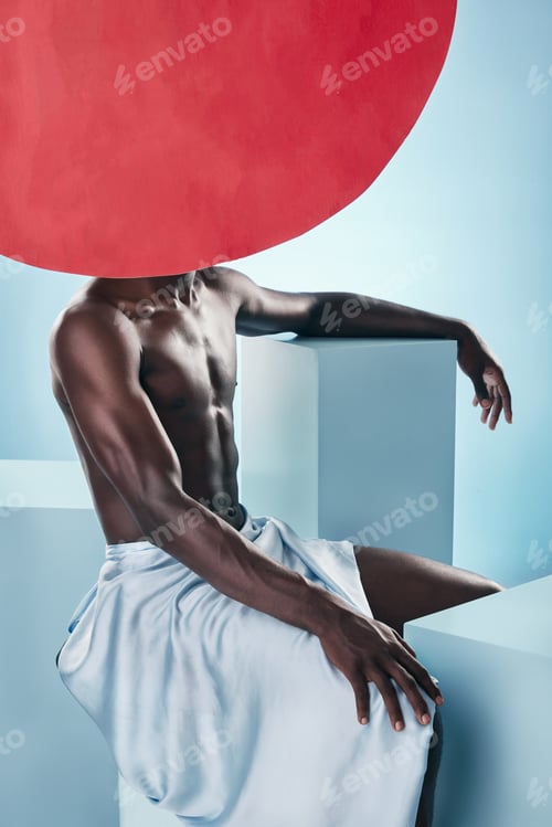 Preview: Art, body and man with style, creative graphic and red dot with fitness and workout in studio. Blue