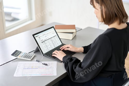 Preview: Asian woman entering journal entries in accounting software