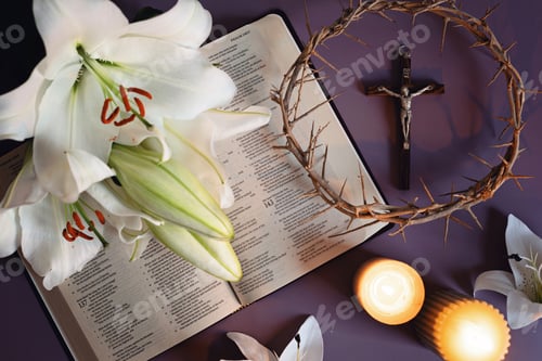 Preview: Holy Bible, Crown of Thorns, and White Lily as Easter symbols