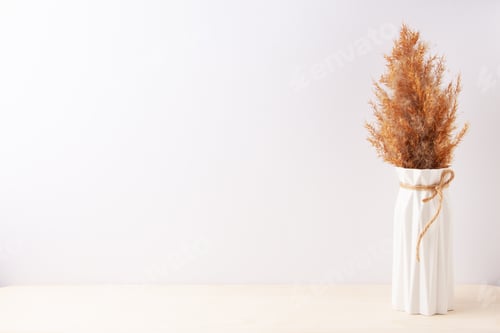 Preview: Home decoration with pampas over white wall. Interior design concept. Close up, copy space