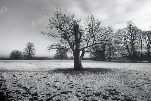 Preview: Winter landscape with a lone tree in snow.