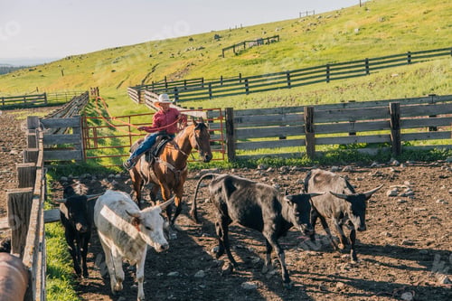 Preview: Cowboy on horse lassoing bull calf, Enterprise, Oregon, United States, North America