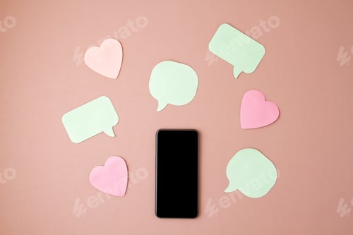 Preview: Mockup flat lay with smartphone and hearts and speach bubbles