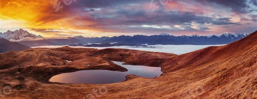 Preview: Sunset on mountain lake Koruldi. Upper Svaneti, Georgia, Europe.