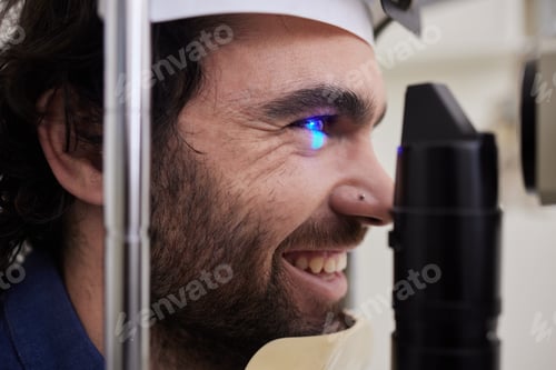 Preview: Eye exam, test or care for patient with laser machine at optometry consultation for lens or frame f