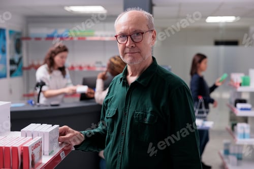 Preview: Senior man client doing medicinal shopping in drugstore,