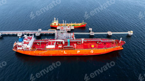 Preview: Aerial view LPG gas tanker ship at oil and gas terminal platform, Liquefied Petroleum Gas tanker