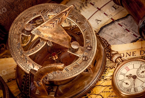 Preview: Vintage style travel and adventure. Vintage old compass and other vintage items on the table.