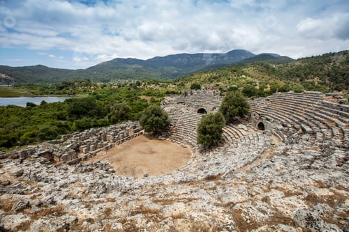 Preview: Turkey touristic area Dalyan Ortaca, Kaunos rock tombs in Dalyan, ancient city of Kaunos, Turkey.